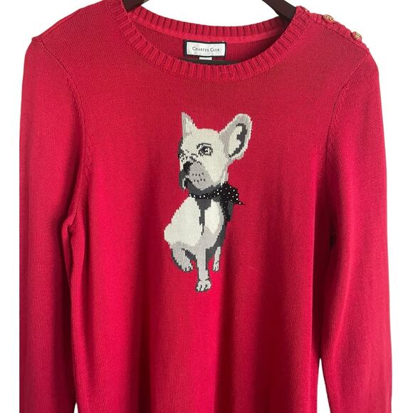 Charter Club Women Tunic Sweater M Red French Bulldog Graphic Knit Dog Novelty - Picture 9 of 10